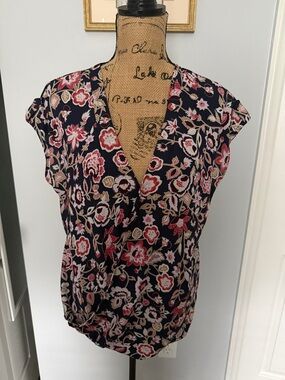 New York & Company Navy Floral Surplice Cap-Sleeve Top with Red & Cream Accents